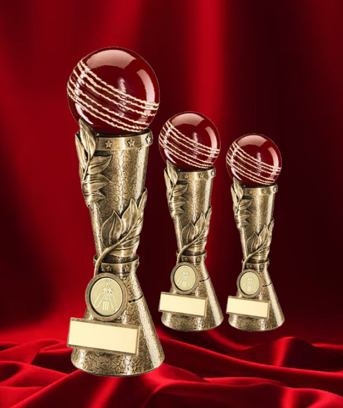 Crystal Effect Antique Gold Cricket Ball Trophy - Leaf Inspired Patten