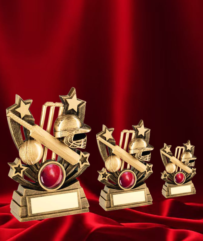 Crystal Effect Gold & Red Cricket Helmet & Bat Trophy