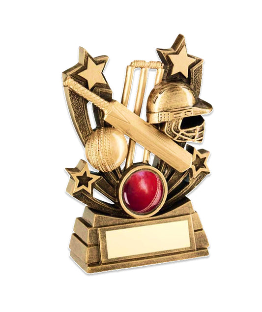 Crystal Effect Gold & Red Cricket Helmet & Bat Trophy